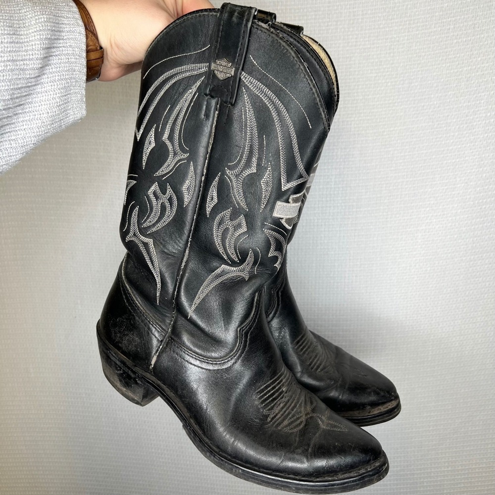 Harley Davidson Mens Black Leather‎ Western Cowboy Biker Boots White Stitching